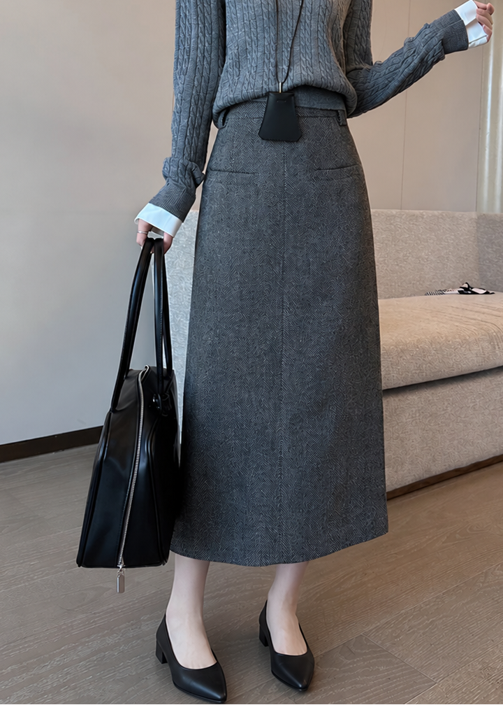 Herringbone Back Slit Midi Skirt　R194