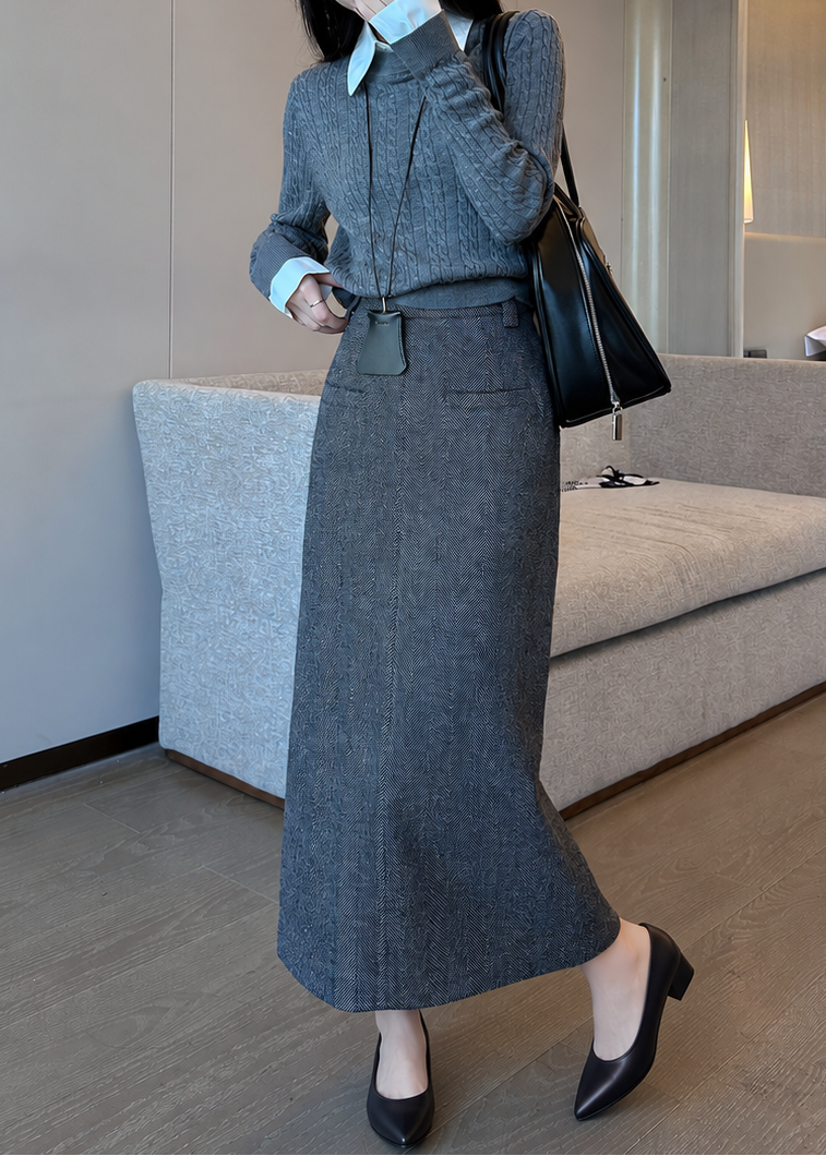 Herringbone Back Slit Midi Skirt　R194