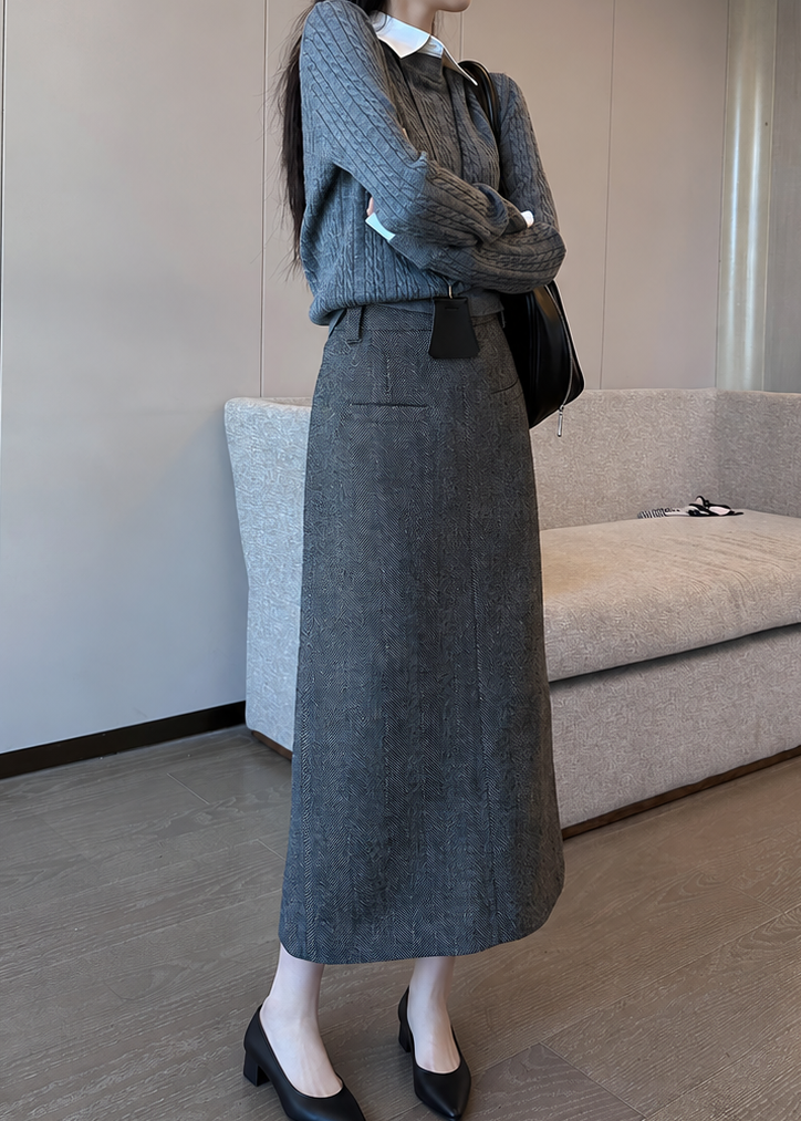 Herringbone Back Slit Midi Skirt　R194