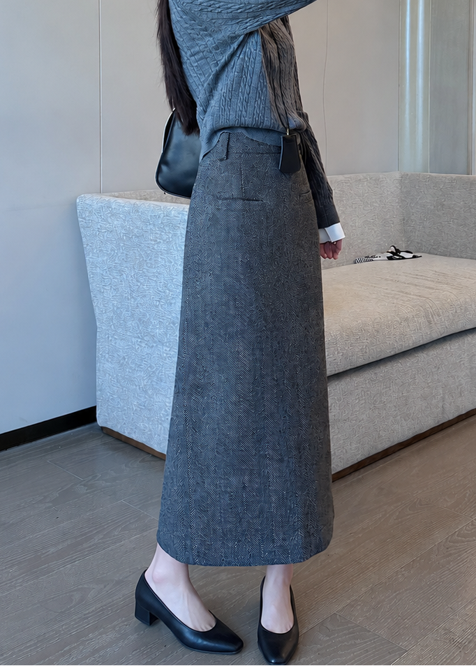 Herringbone Back Slit Midi Skirt　R194