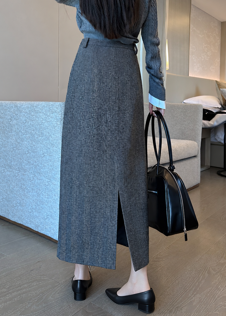 Herringbone Back Slit Midi Skirt　R194