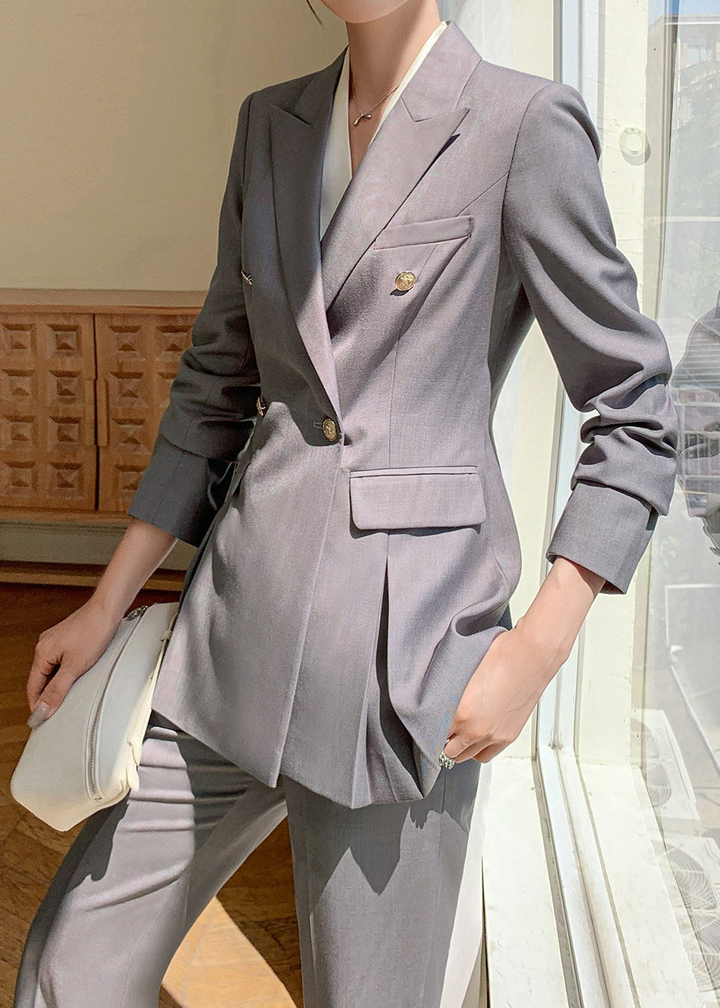 Double Breasted Peplum Flare Pants Suit　R275