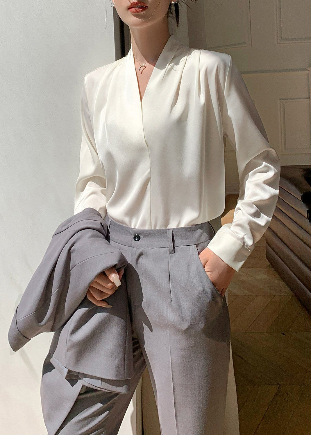 Double Breasted Peplum Flare Pants Suit　R275